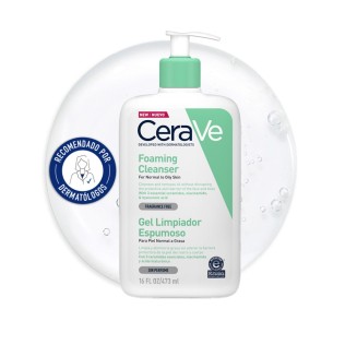Gel Limpiador Espumoso 473ml CeraVe con textura de fondo y sello dermatológico