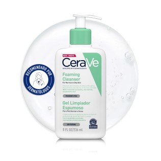 Gel Limpiador Espumoso 236ml CeraVe con textura de fondo y sello dermatológico