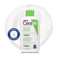 Gel Limpiador Hidratante 236ml CeraVe con textura de fondo y sello dermatológico